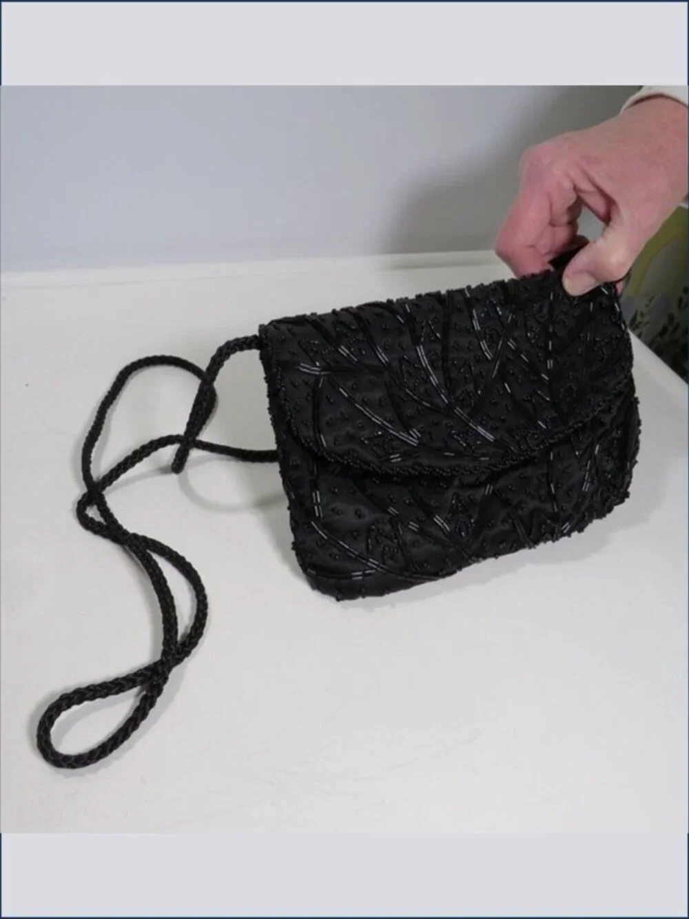 Vintage Black Beaded Clutch Purse with a Twisted Rope Strap for Formal Events